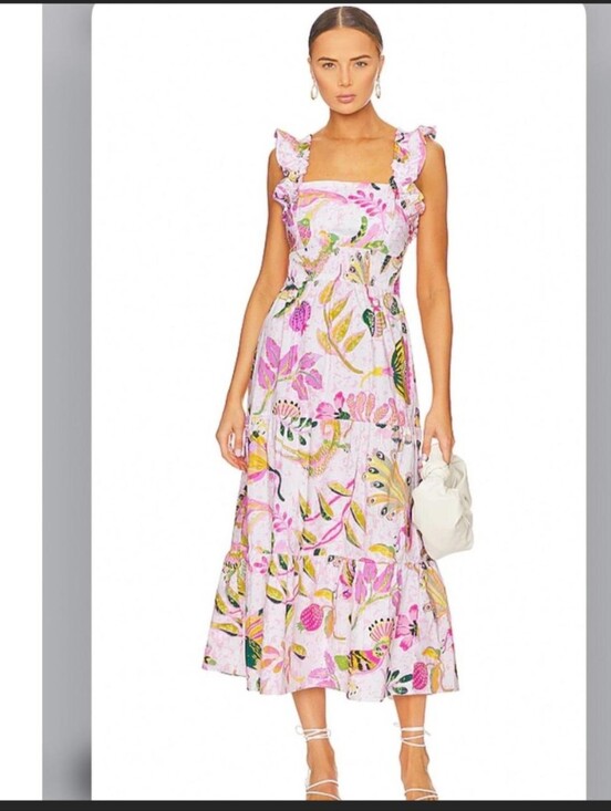 Banjanan Dresses & Skirts - Banjanan Harriet Spring Peacock Crocodile Floral Ruffle Midi Dress Size Large